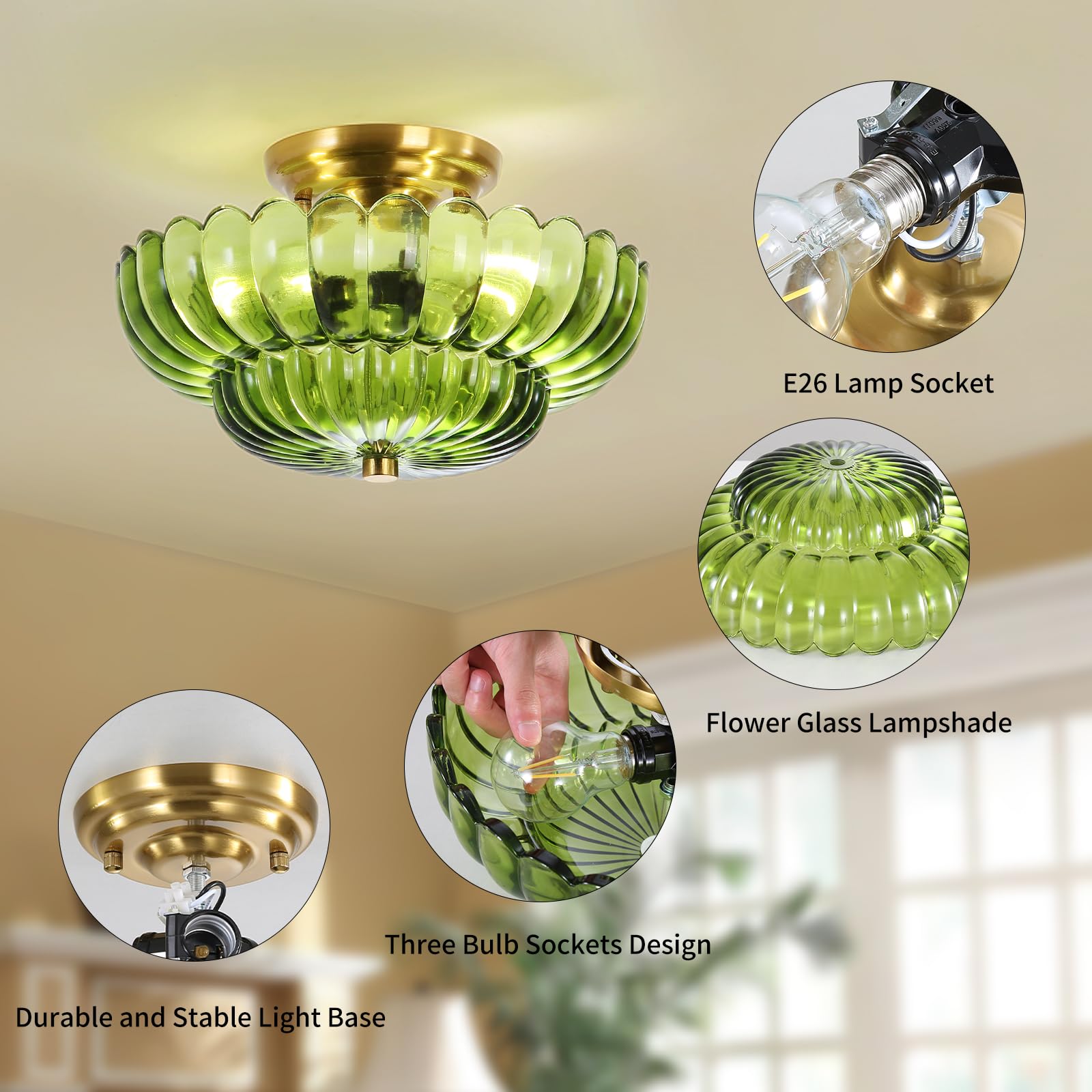 GloMuse semi-flush mount brightens living rooms with vintage-inspired green glass.