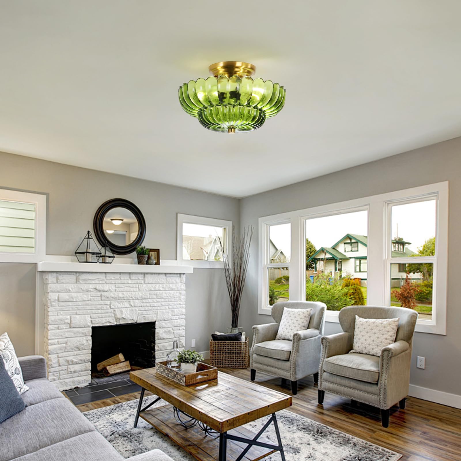 GloMuse three-light green ceiling fixture complements contemporary kitchens and dining rooms.