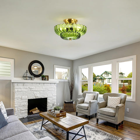 GloMuse three-light green ceiling fixture complements contemporary kitchens and dining rooms.