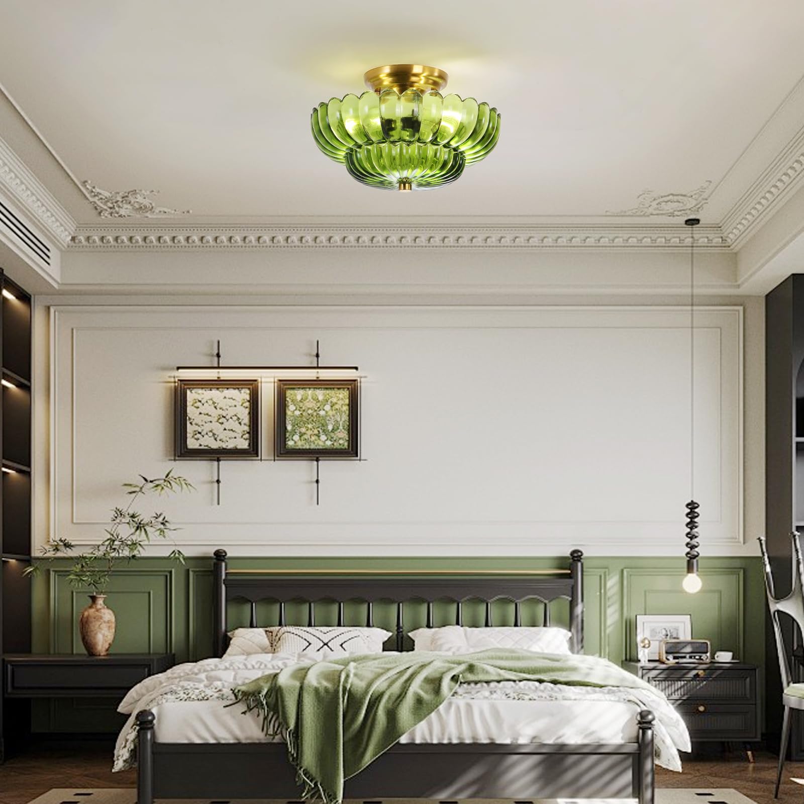 GloMuse green glass dome adds soft lighting to bedrooms and hallways.