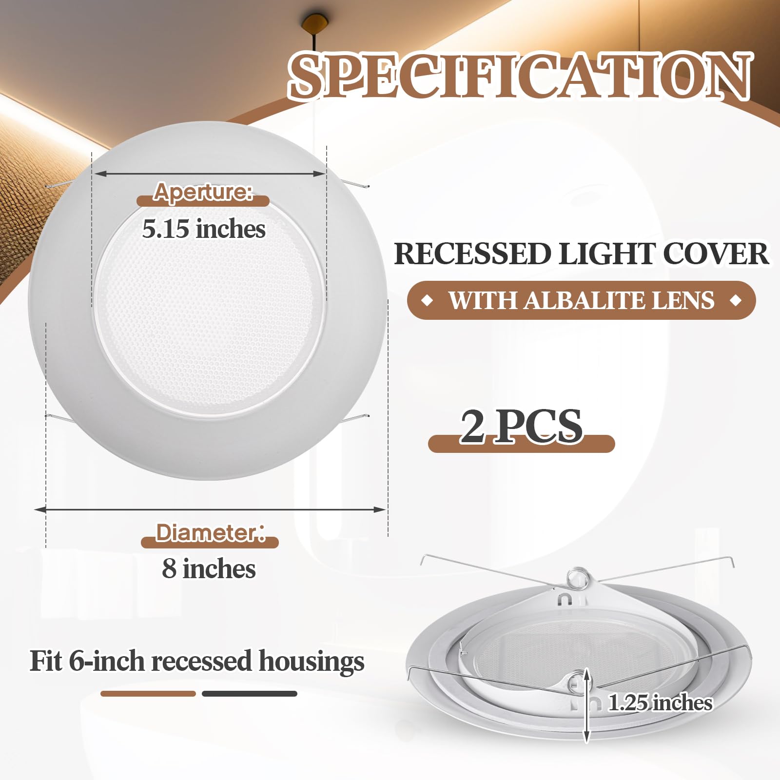 Glooglitter white recessed light cover with Albalite lens for diffused glow.