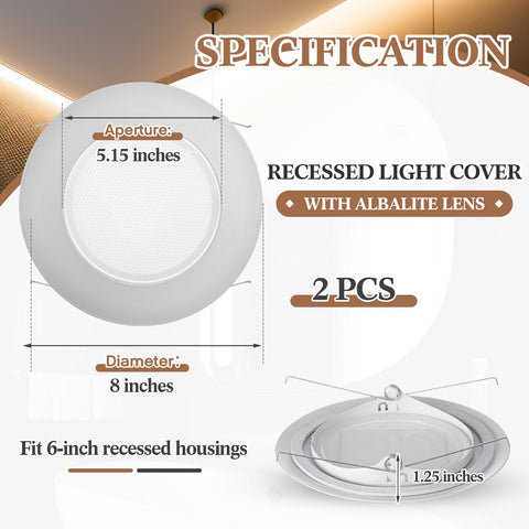 Glooglitter white recessed light cover with Albalite lens for diffused glow.