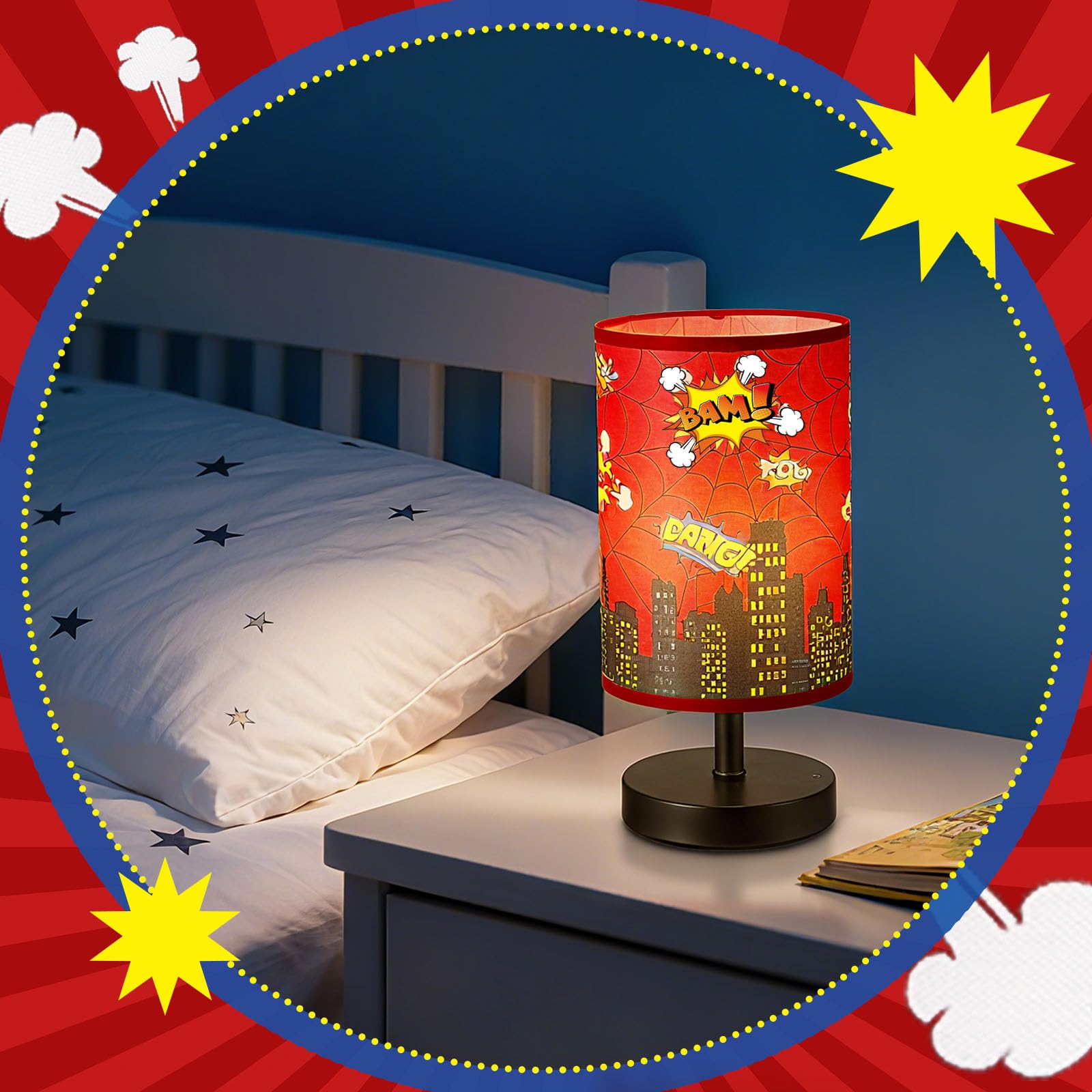 Glooglitter City Bedside Lamp creates a warm glow for desks and nightstands