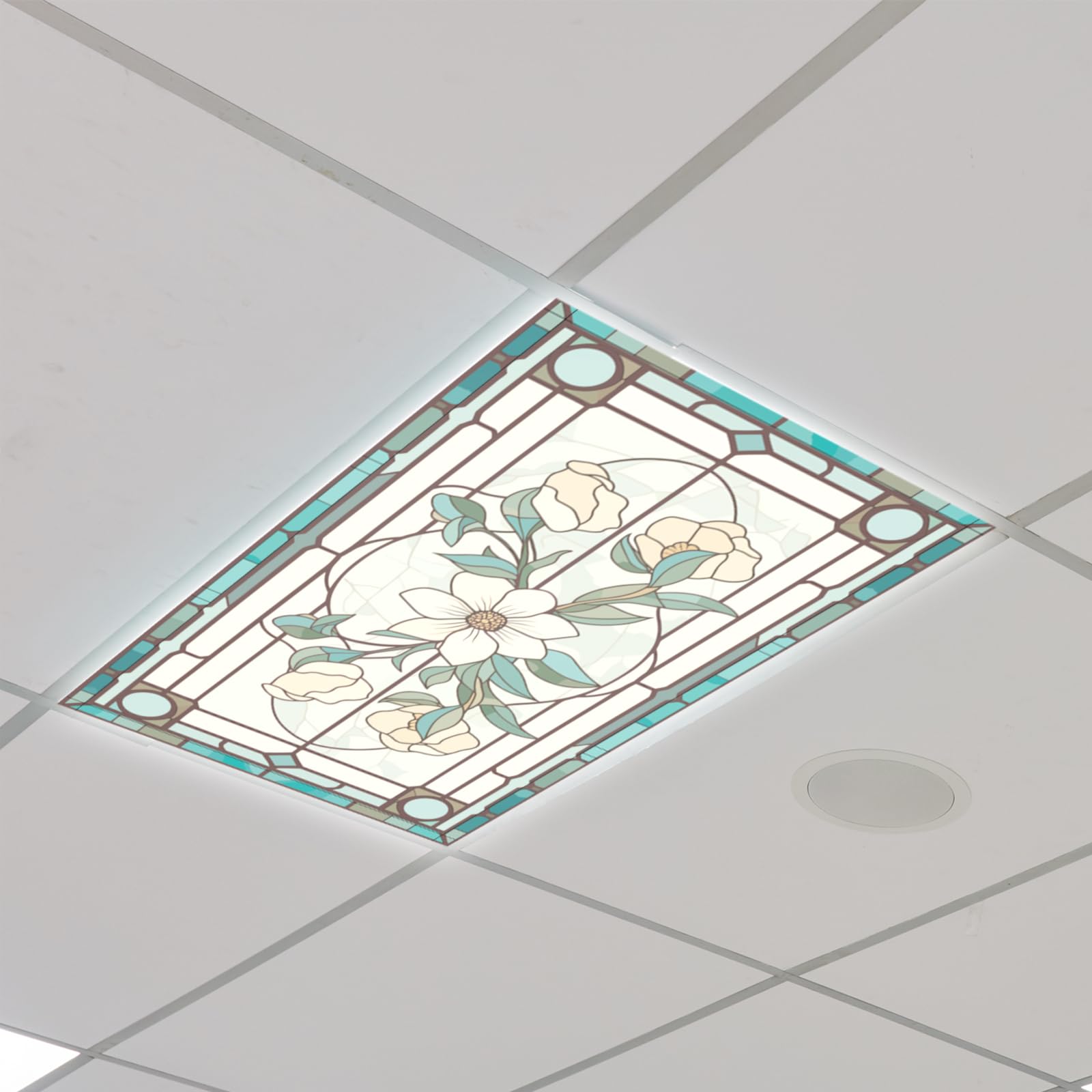 Glooglitter stained-glass pattern casts warm, decorative light across walls.