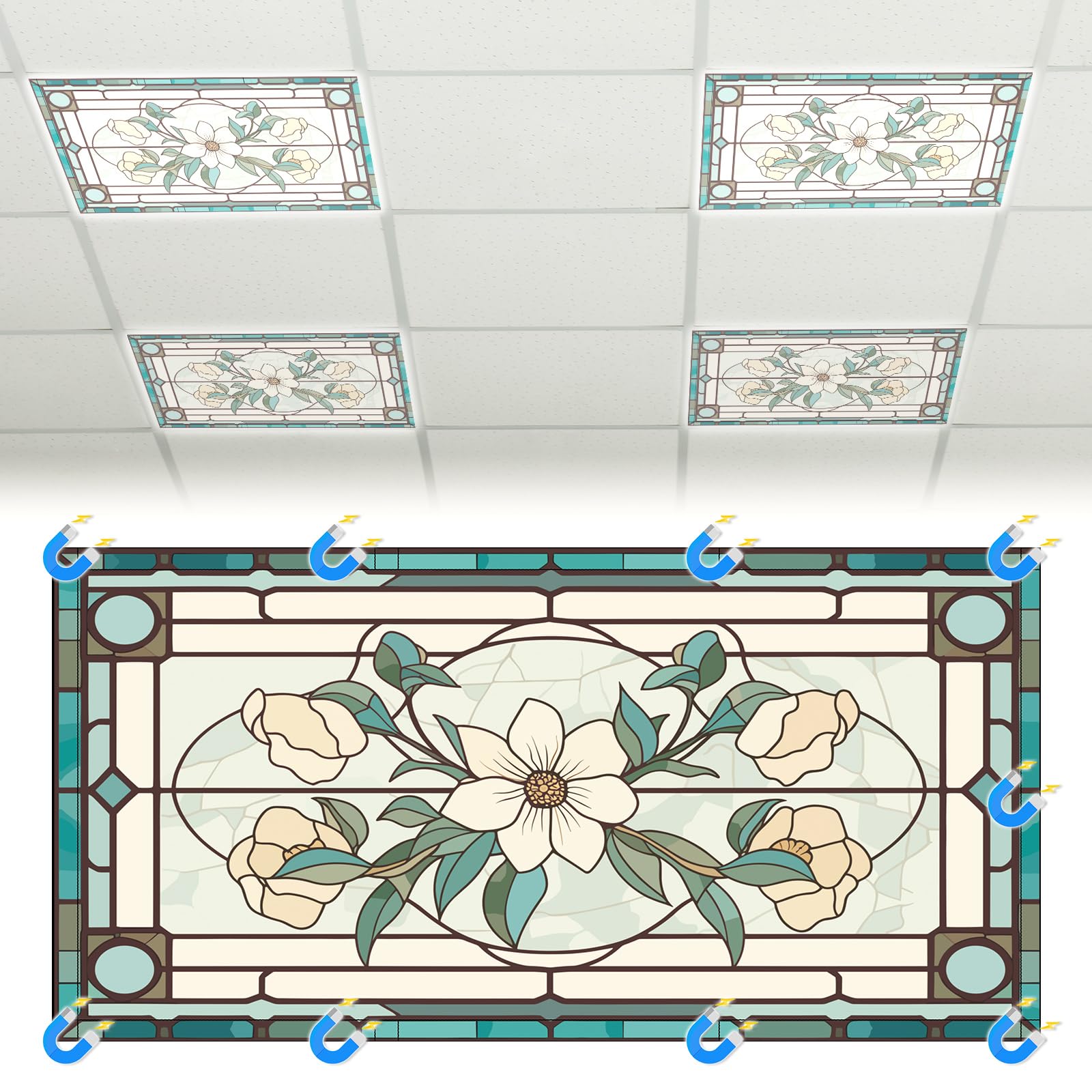 Glooglitter floral stained-glass cover softens lighting for classrooms and offices.