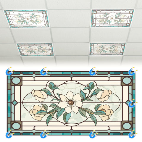 Glooglitter floral stained-glass cover softens lighting for classrooms and offices.