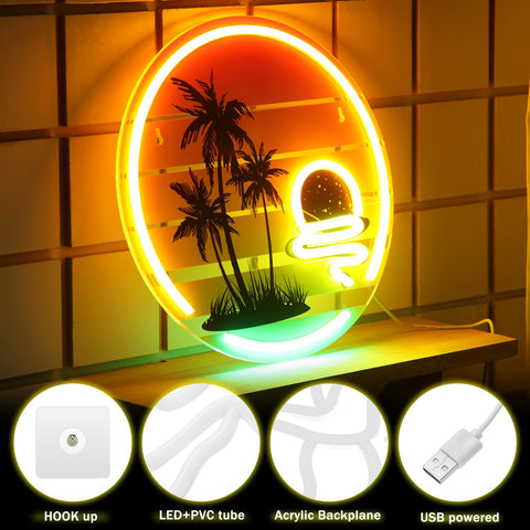 Glooglitter tropical palm tree sunset LED sign brightens nightlife areas with energy-saving glow.
