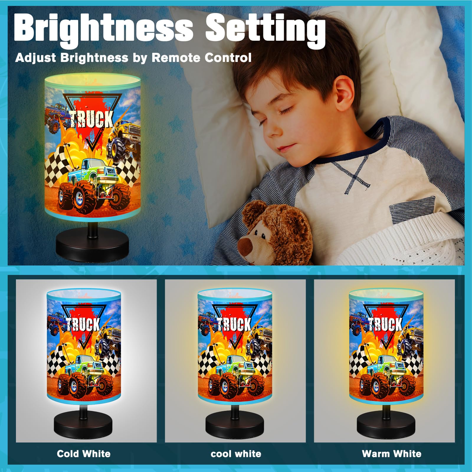 Glooglitter Monster Truck table lamp offers three brightness levels.