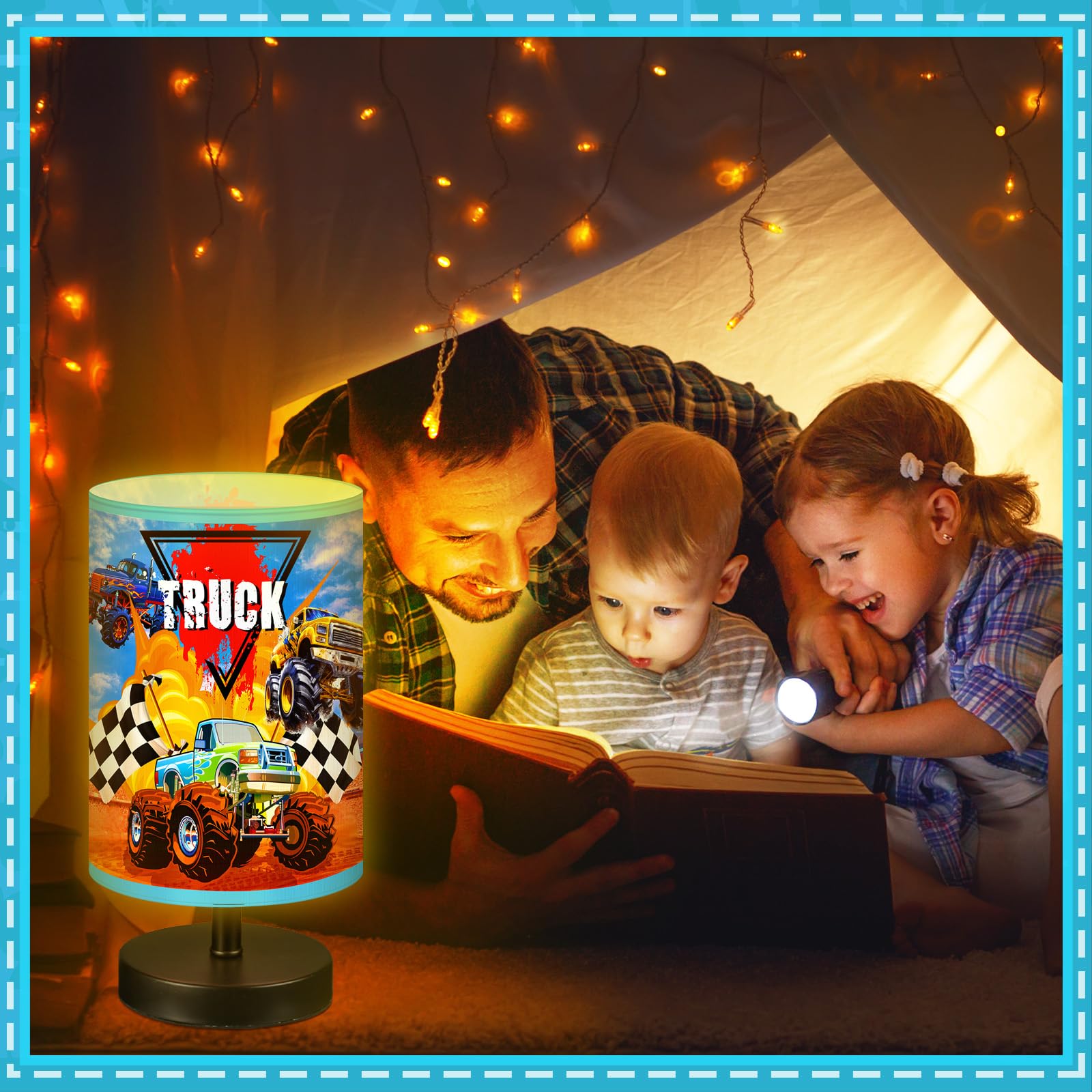 Glooglitter Monster Truck table lamp fits children's spaces as decor.