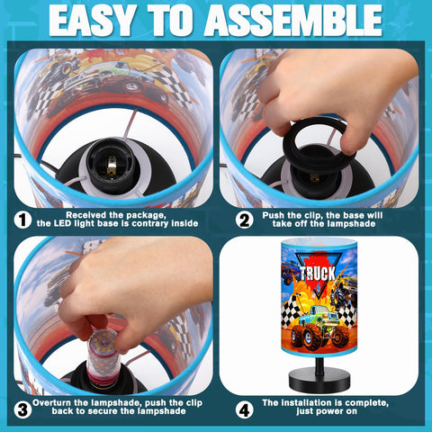 Glooglitter Monster Truck table lamp linen shade provides soft lighting.