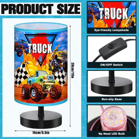 Glooglitter Monster Truck table lamp lit with warm ambient glow.