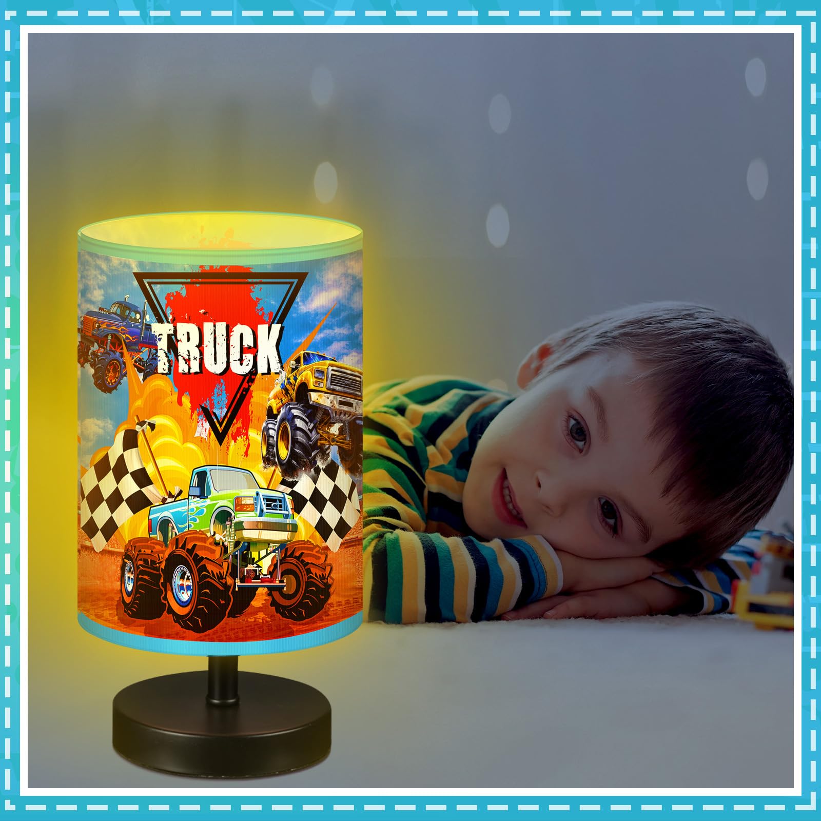Glooglitter Monster Truck table lamp side view adds contemporary charm.