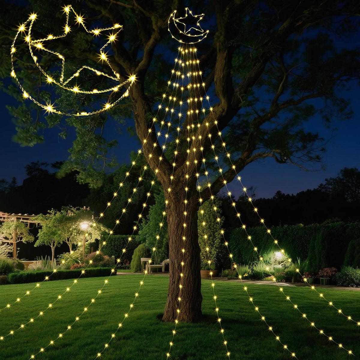 Glooglitter Ramadan waterfall light with moon-star design for outdoor nights.
