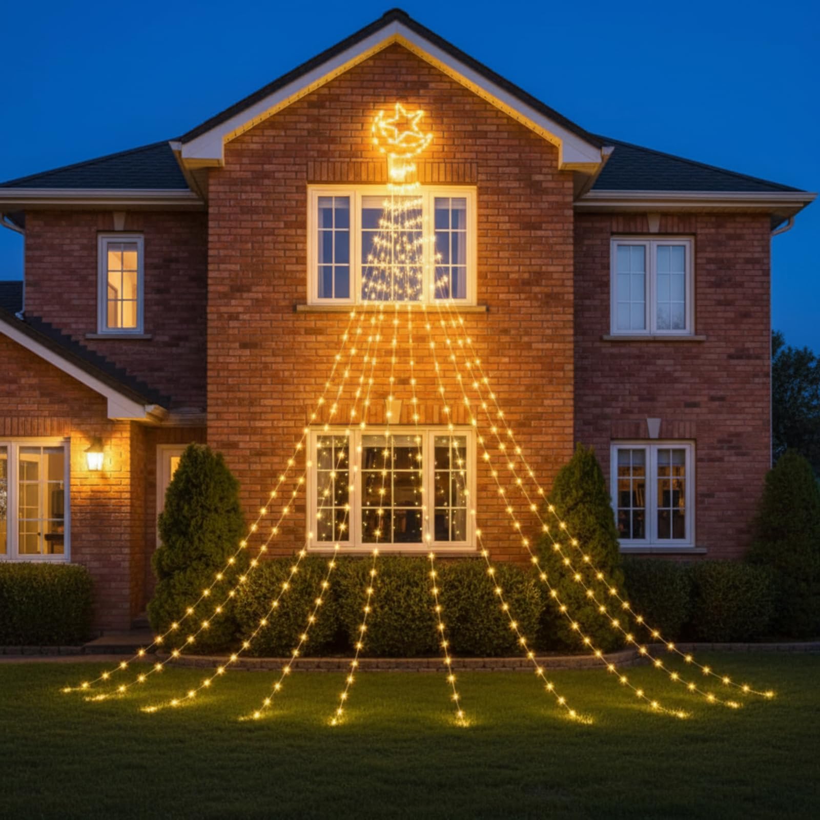 Glooglitter Ramadan waterfall light accenting yard border for festive decor.