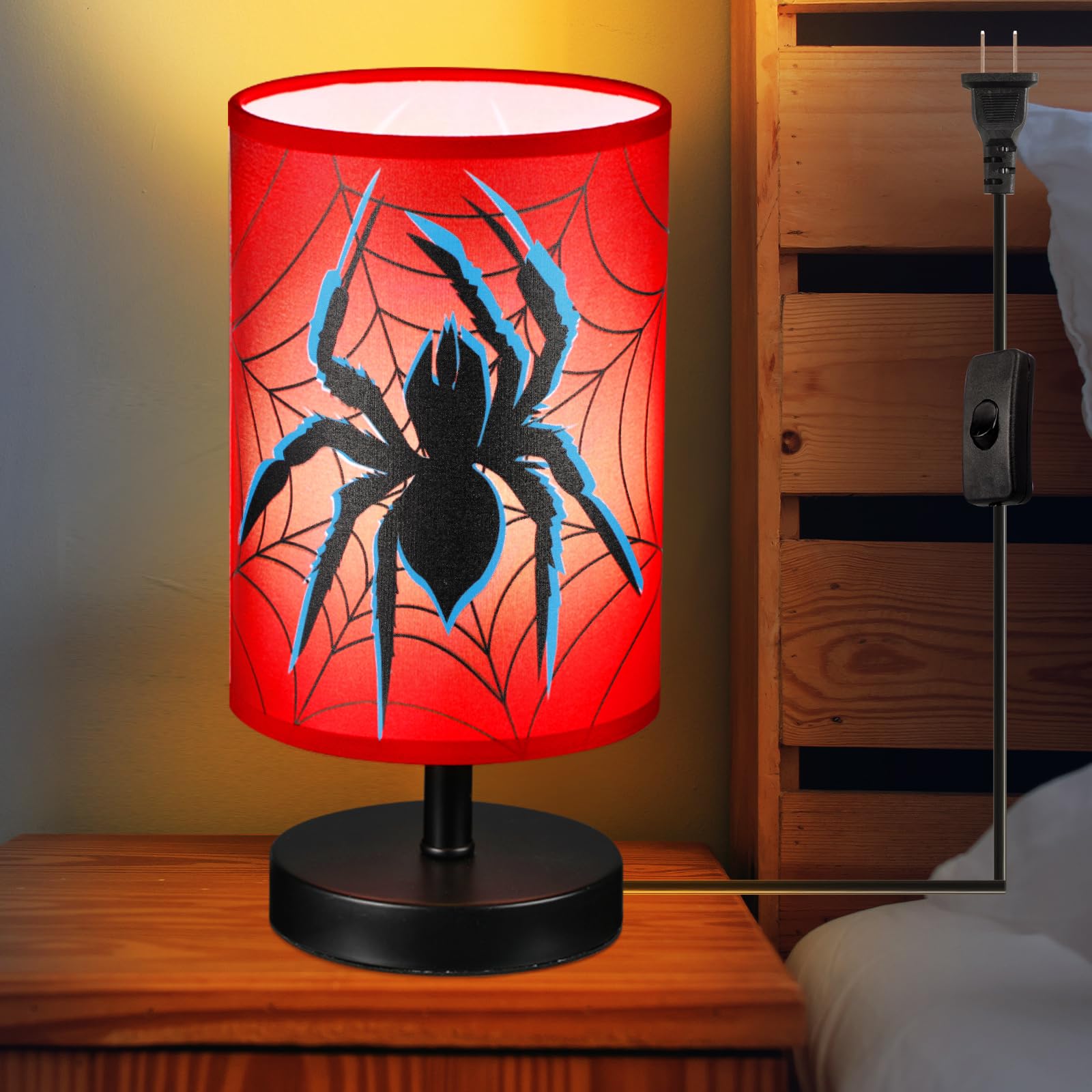 Glooglitter spider table lamp closeup highlights linen shade and playful design for kids' spaces