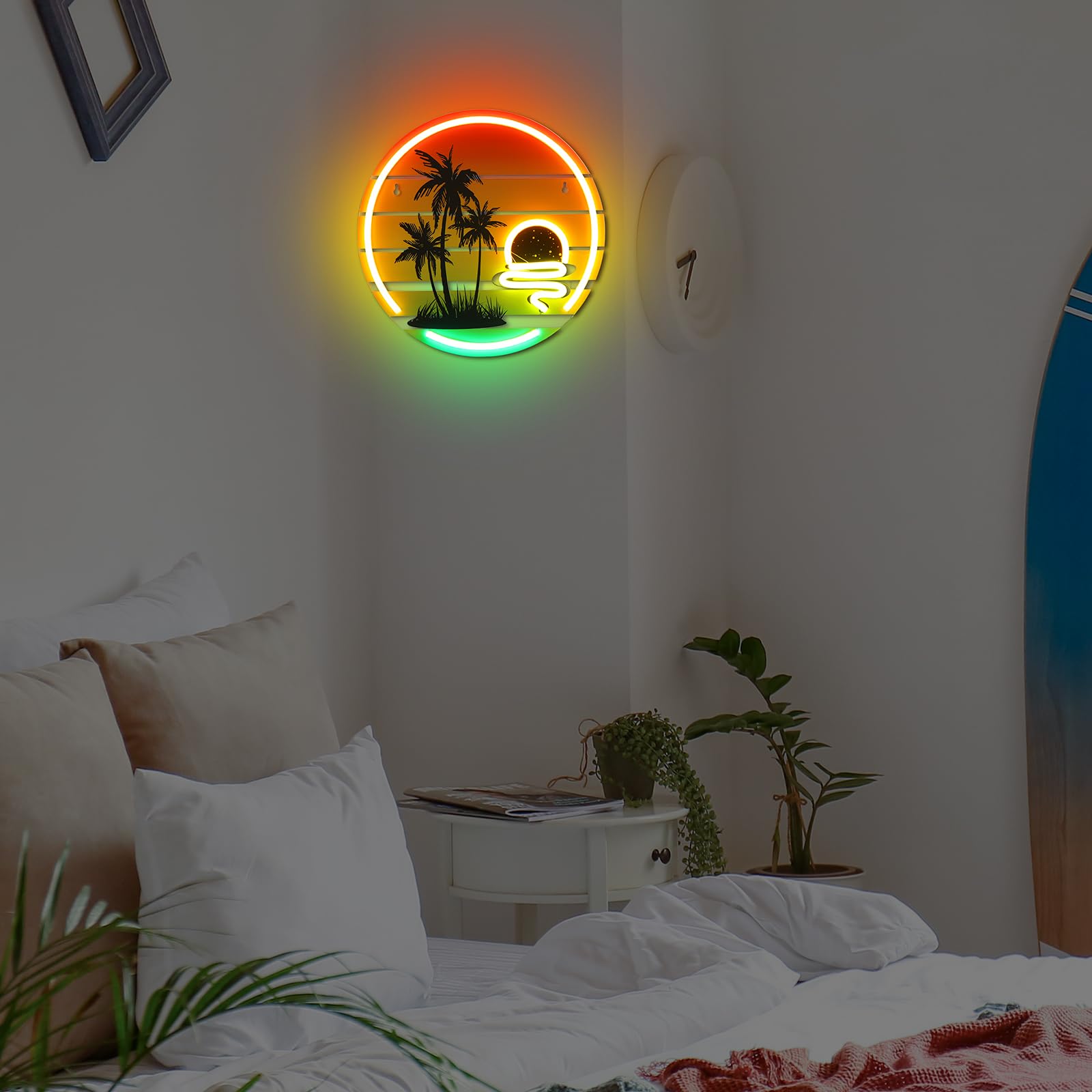 Glooglitter sunset palm neon sign offers standout illumination in dorms and lounges.