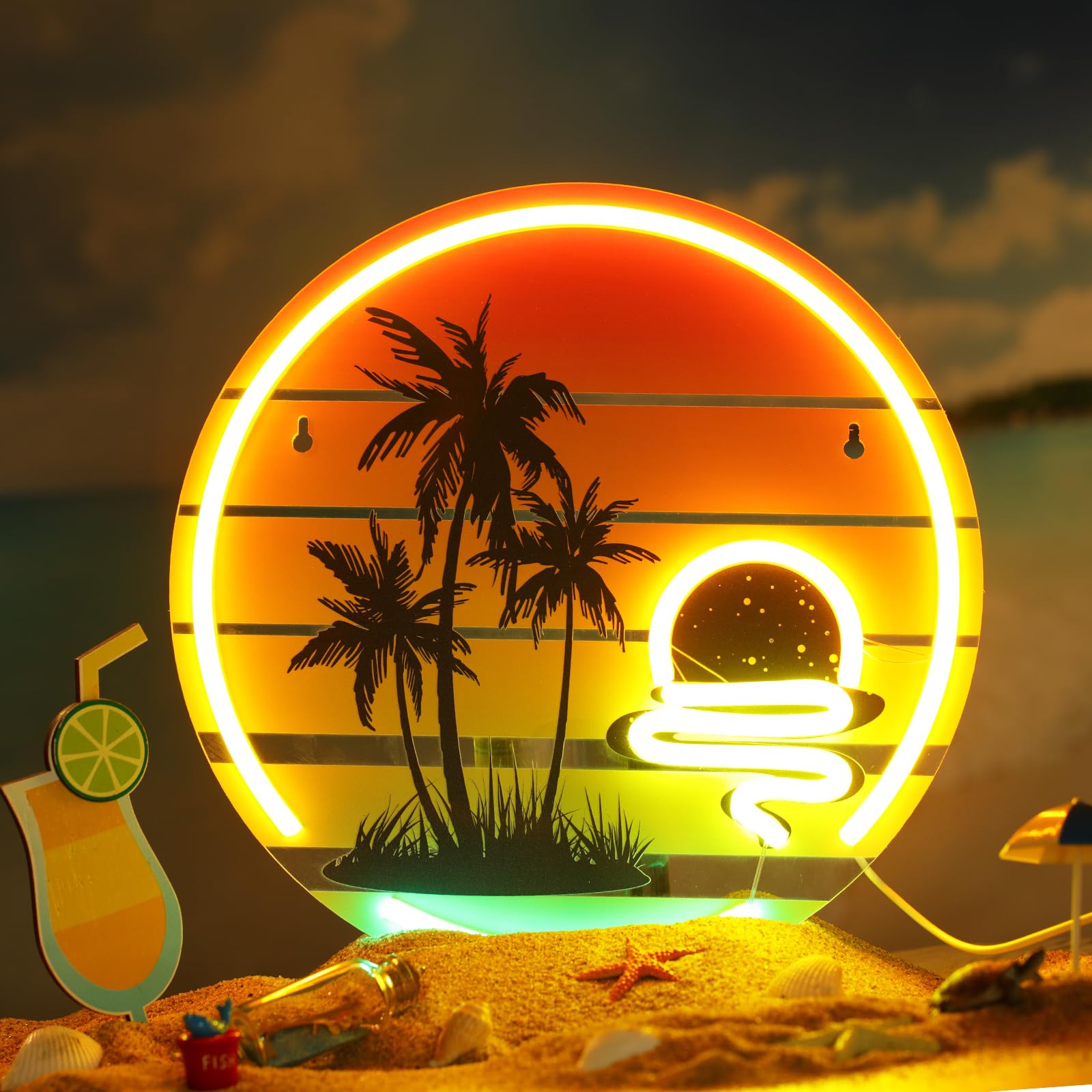 Glooglitter tropical neon sign palm tree sunset glows on wall as a striking focal point.