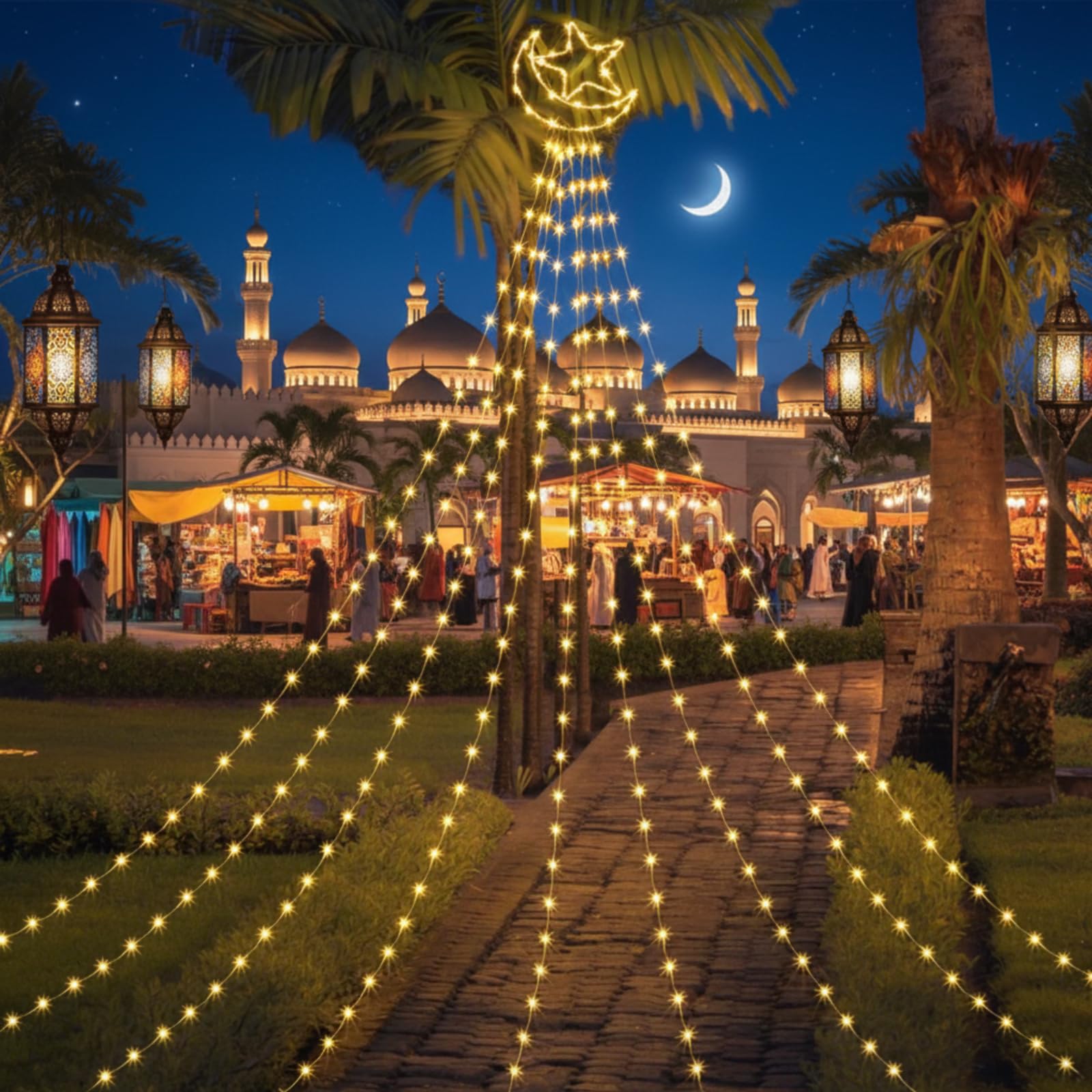 Glooglitter warm LED waterfall light creating cozy Ramadan evenings outdoors.