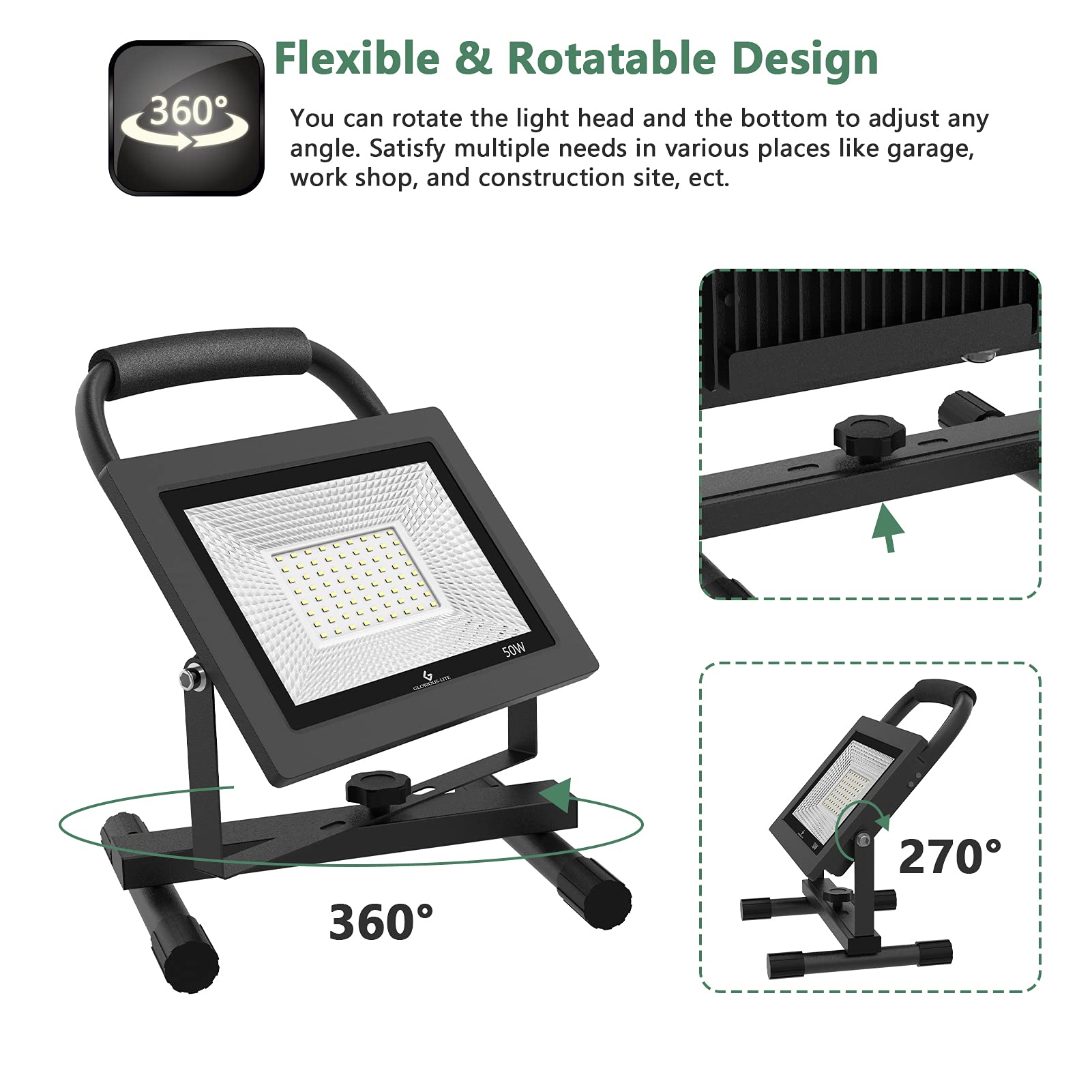 GLORIOUS-LITE 50W LED work light, 16ft cord for extended reach.