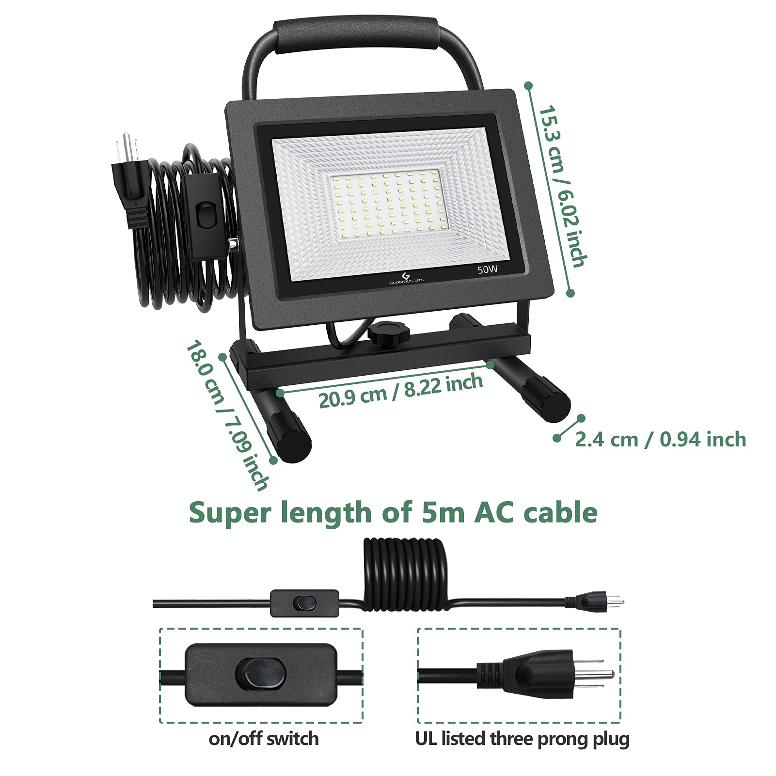 GLORIOUS-LITE 50W LED work light, 270° vertical tilt for flexible positioning.