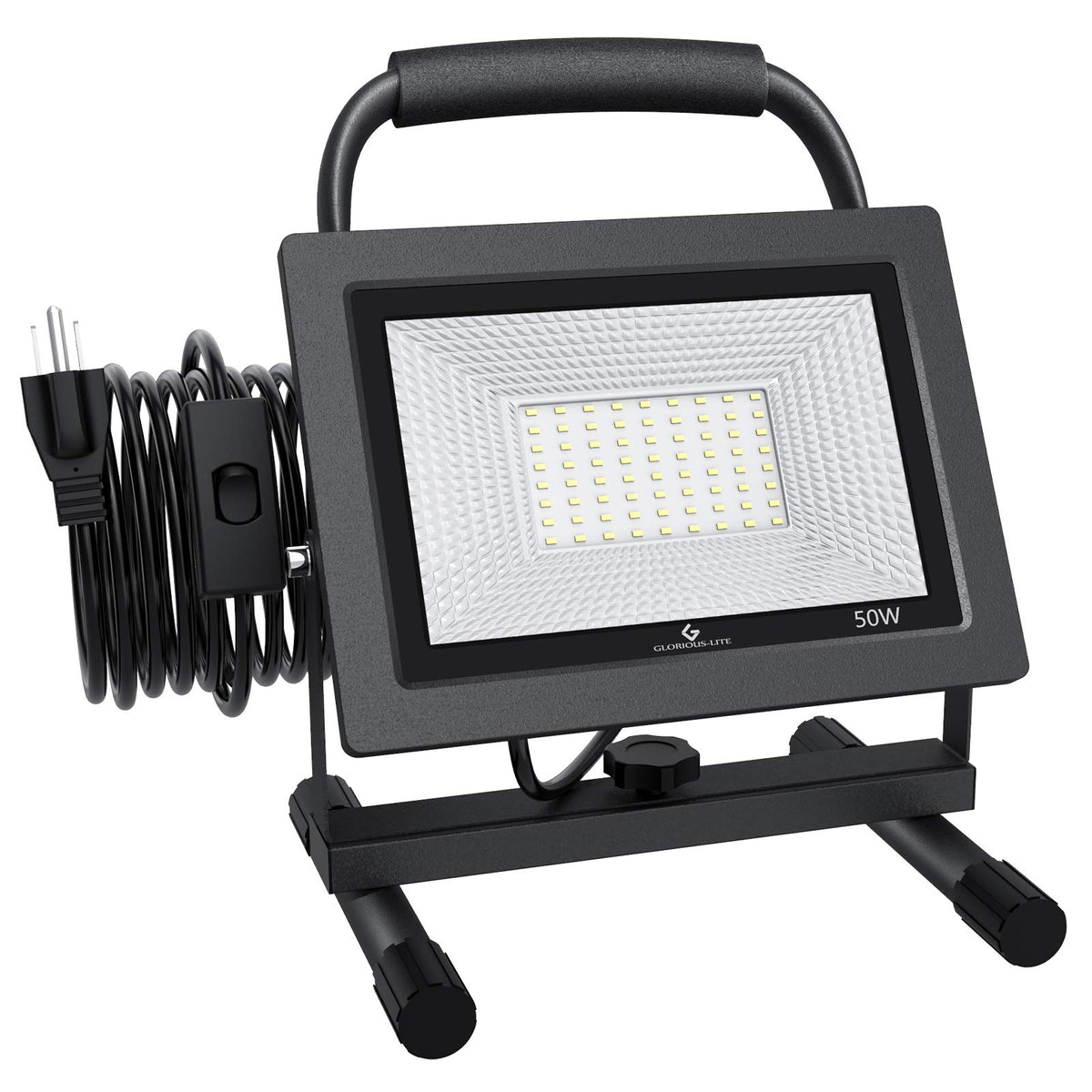 GLORIOUS-LITE 50W LED work light, front view, ideal for workshop illumination.