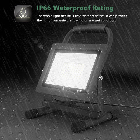 GLORIOUS-LITE 50W LED work light, illuminated workspace at night.