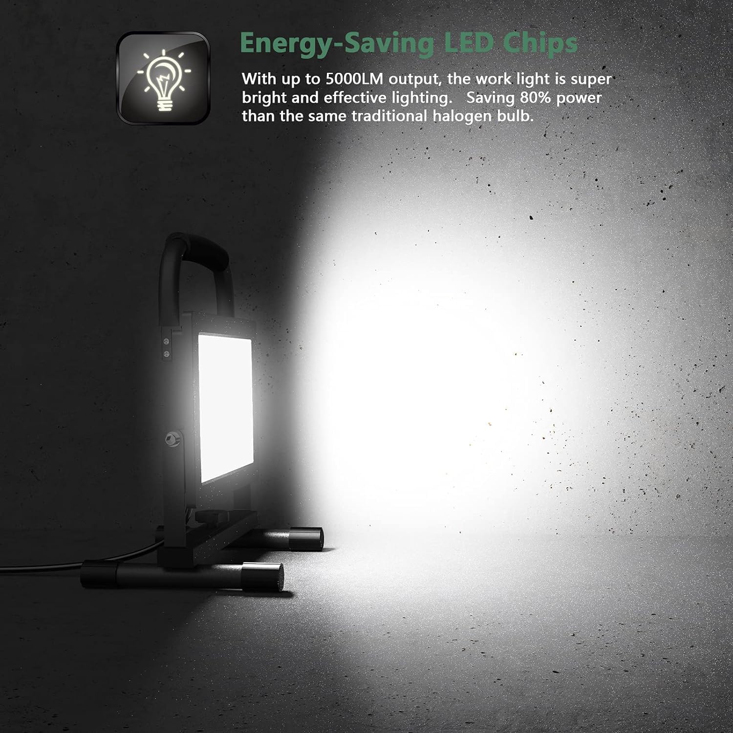 GLORIOUS-LITE 50W LED work light, side profile, adjustable tilt for precise placement.