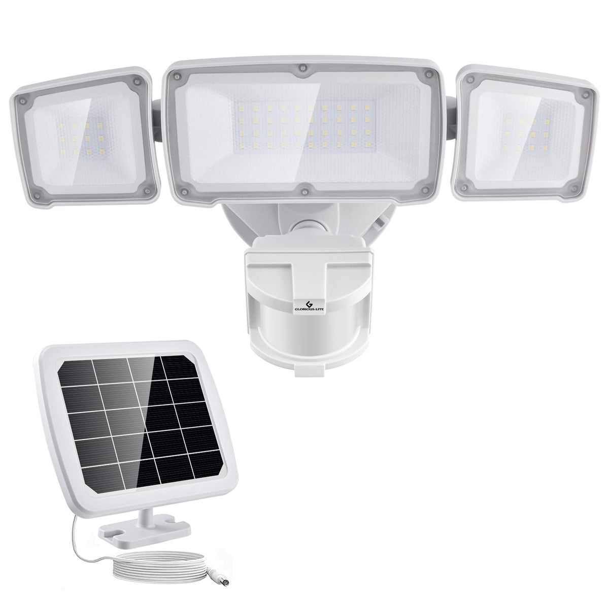 GLORIOUS-LITE solar security light, 3-head front view, bright outdoor lighting for entryways