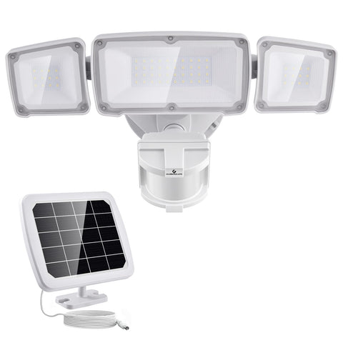 GLORIOUS-LITE solar security light, 3-head front view, bright outdoor lighting for entryways