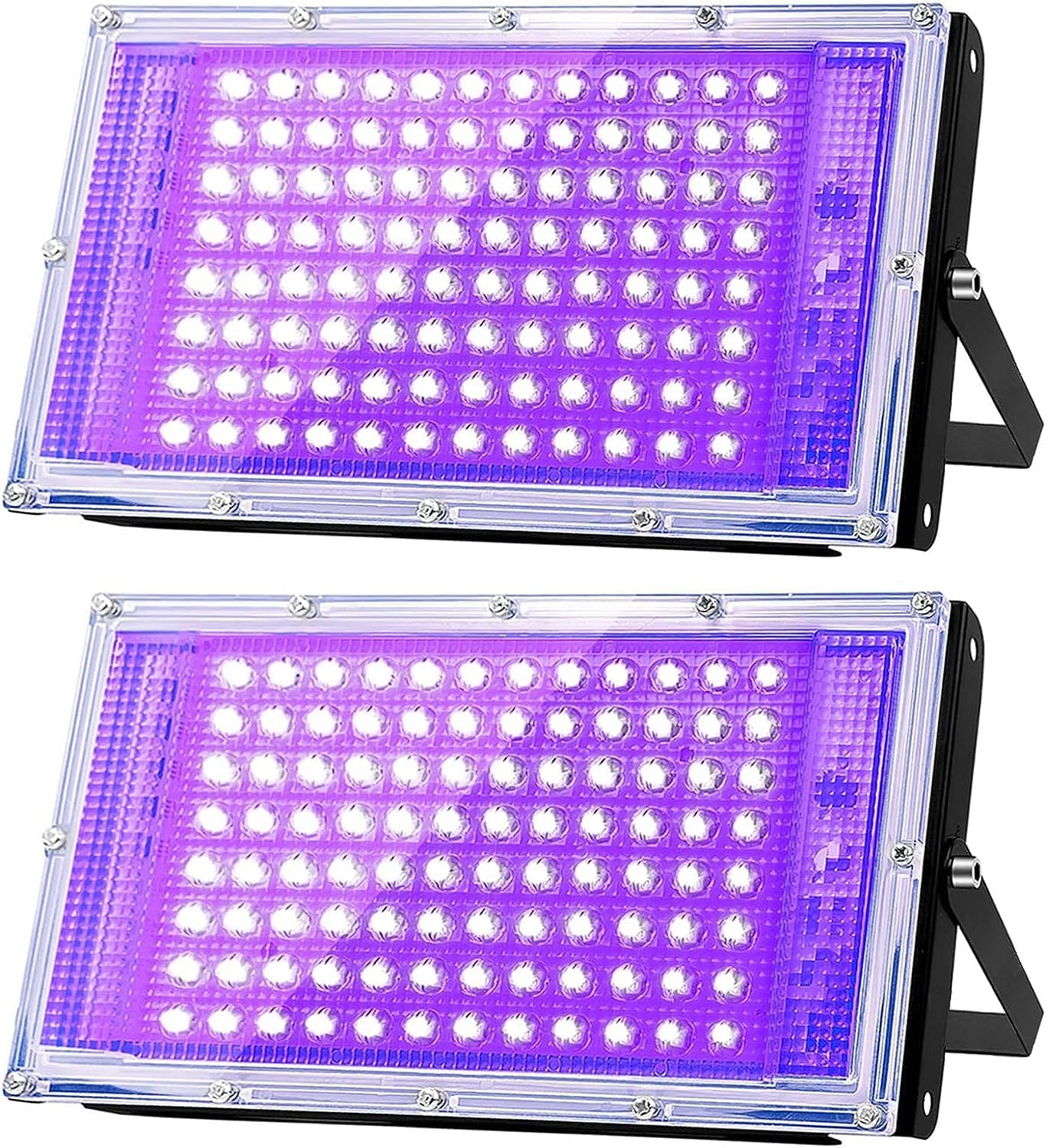 Glostars 100W UV black light with 180-degree beam for wide-area fluorescence at events.