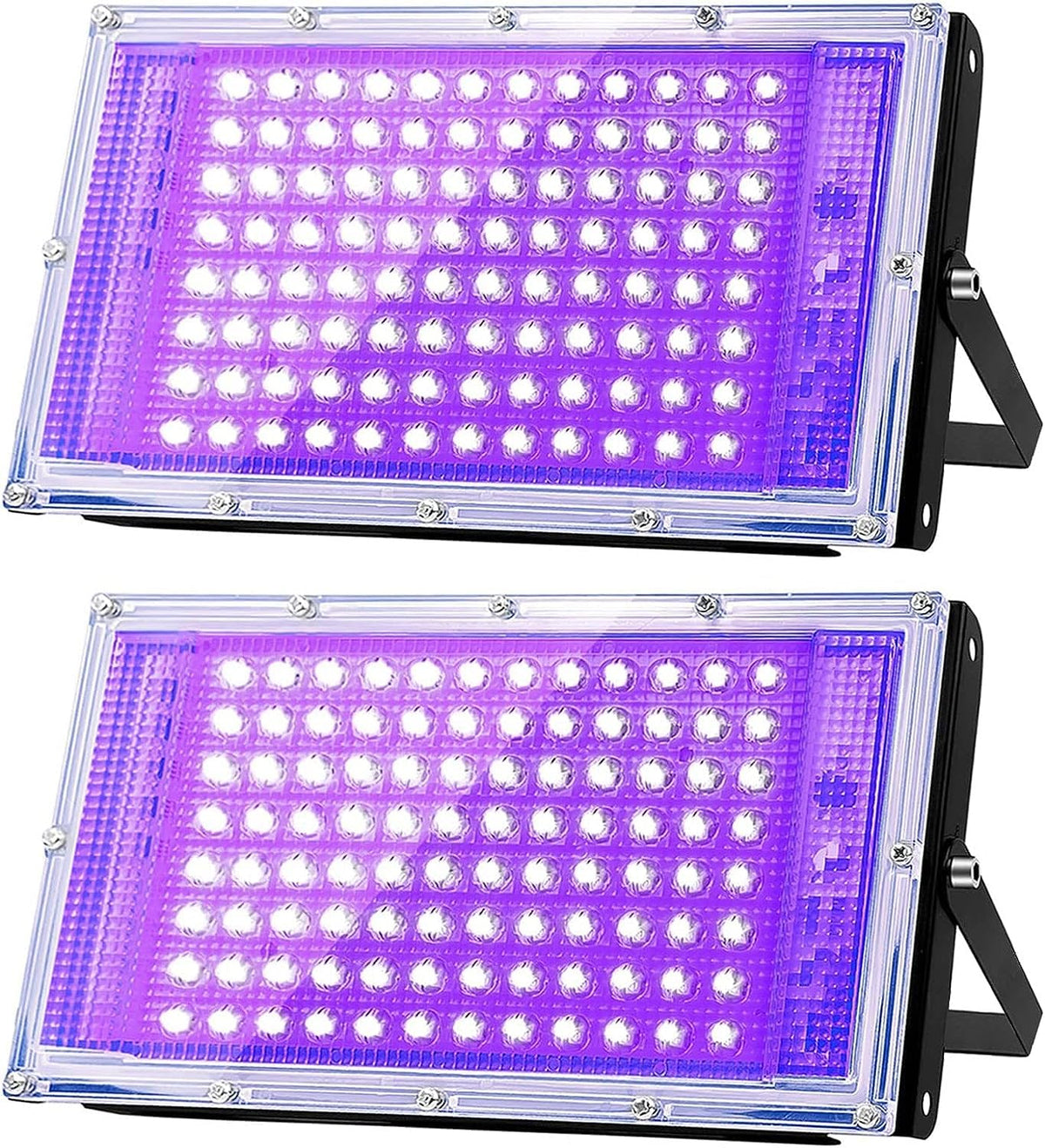 Glostars 100W UV black light with 180-degree beam for wide-area fluorescence at events.