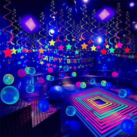 Glostars UV black light projector IP66 395nm highlights glowing pigments safely indoors and outdoors.