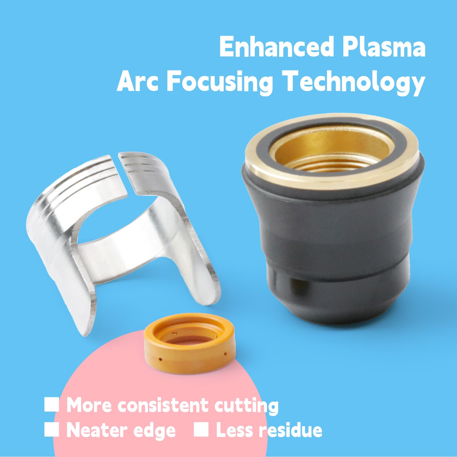 GLOXTED S45 swirl ring optimizes plasma arc flow for smoother edges.