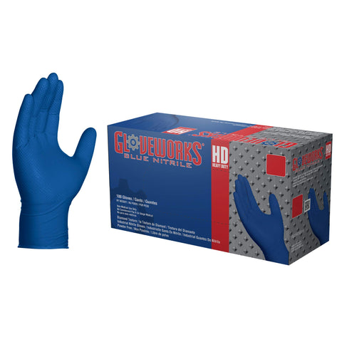 GLOVEWORKS HD royal blue nitrile gloves box view highlighting durability for heavy use.