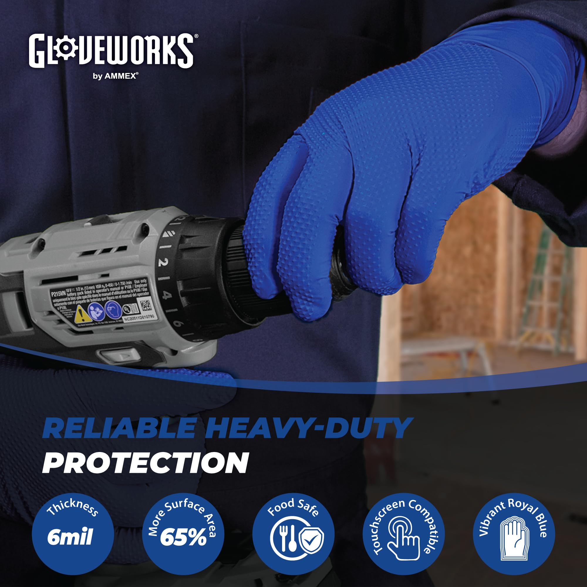 GLOVEWORKS HD blue nitrile gloves 6 mil thickness for puncture resistance