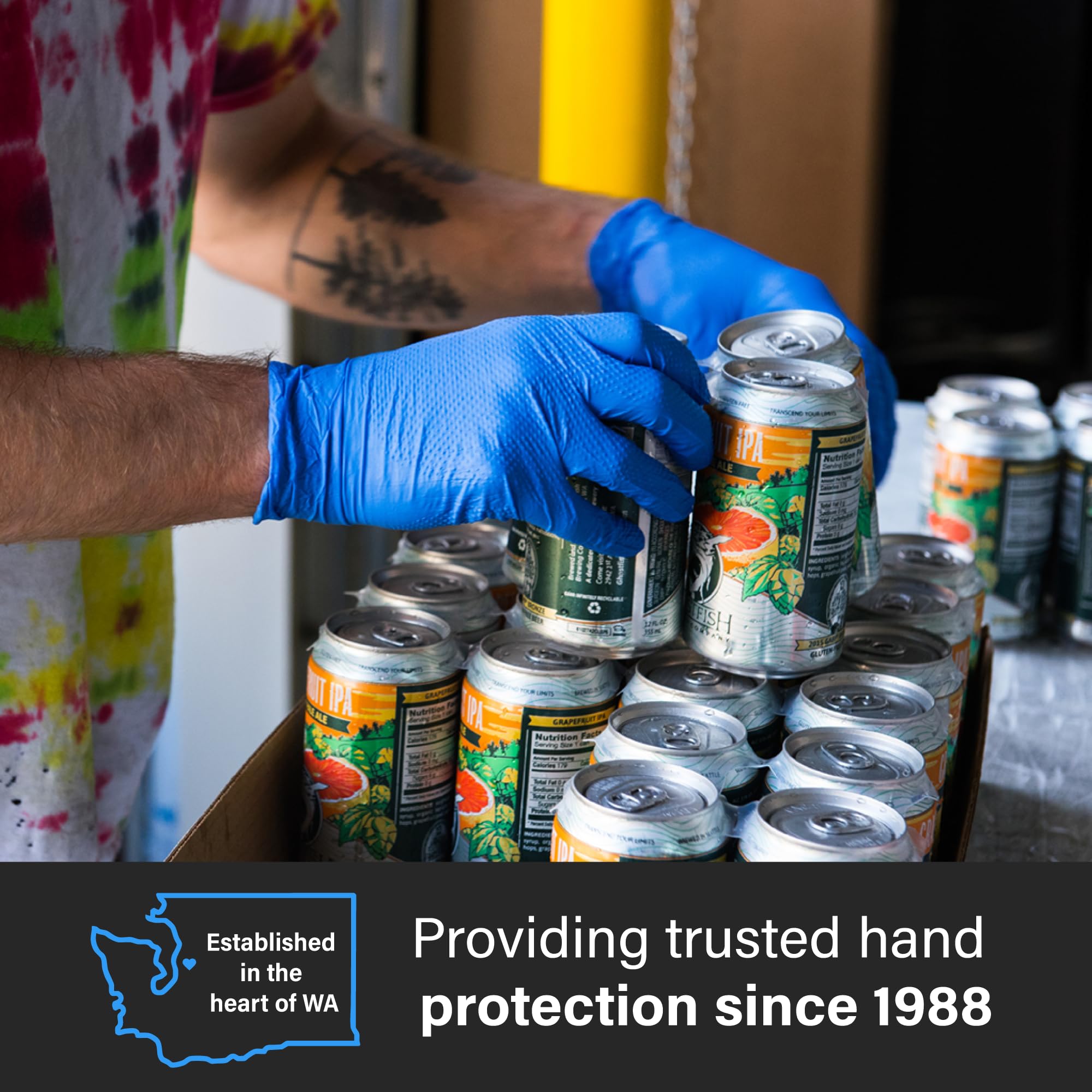 Latex-free GLOVEWORKS HD gloves reduce allergy risk during work.