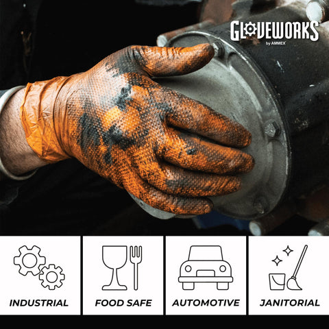 Gloveworks orange nitrile mechanic gloves in action