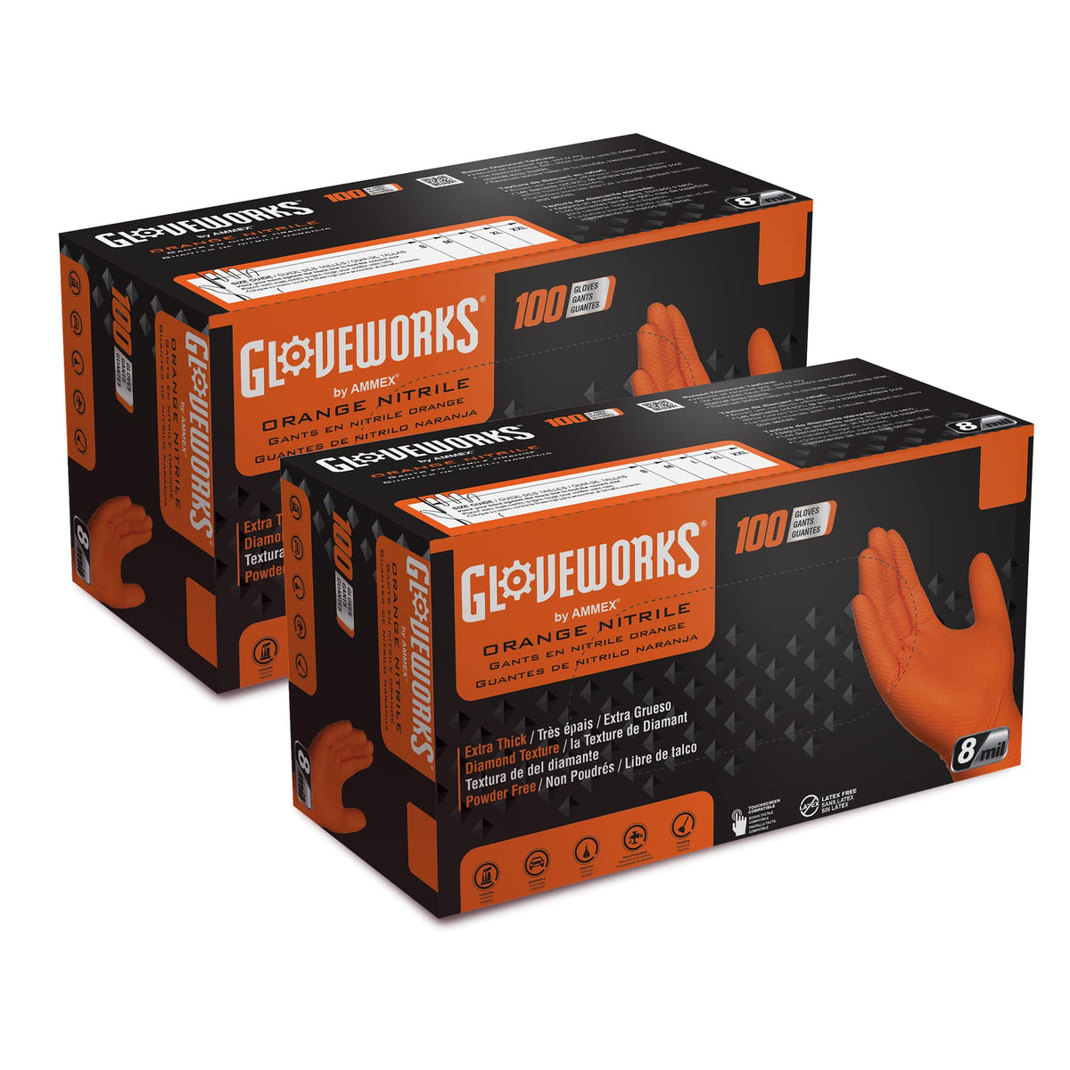 GLOVEWORKS Orange Nitrile Gloves front-pack view for quick protection selection.