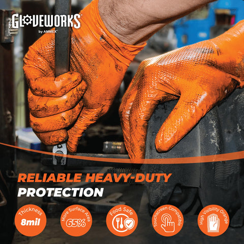GLOVEWORKS orange nitrile gloves, 8 mil, boxed 100 for heavy-duty tasks