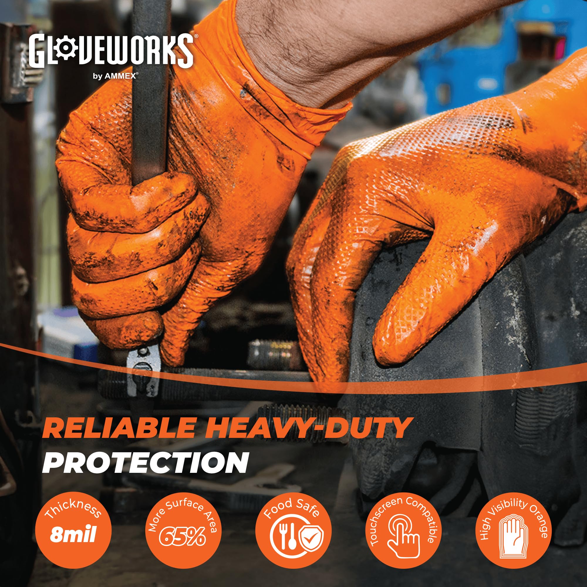 GLOVEWORKS raised diamond grip for reliable handling in wet or oily conditions.