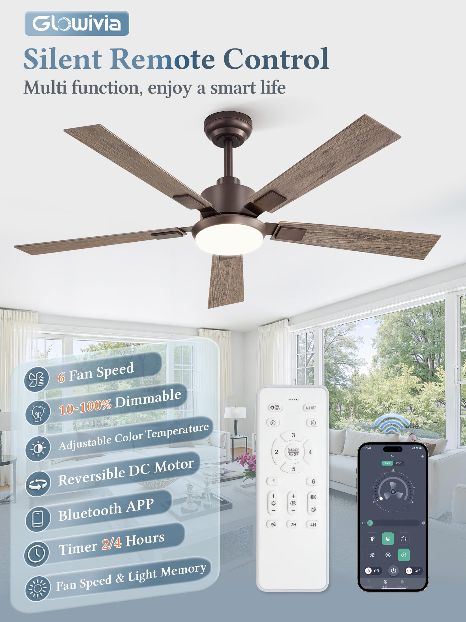 Glowivia bronze smart ceiling fan with app control for convenient adjustments
