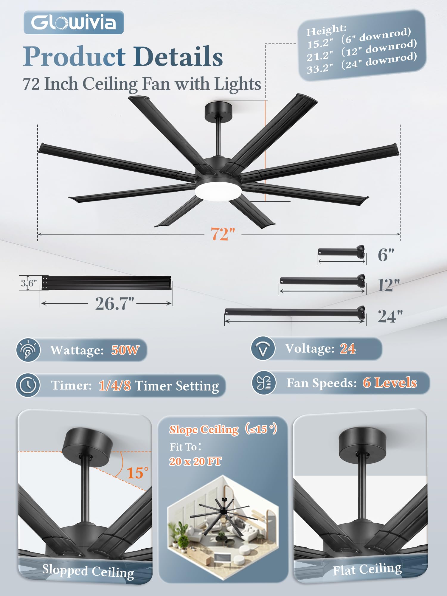 Glowivia downrod kit includes 6-inch, 12-inch, and 24-inch options for ceiling height.