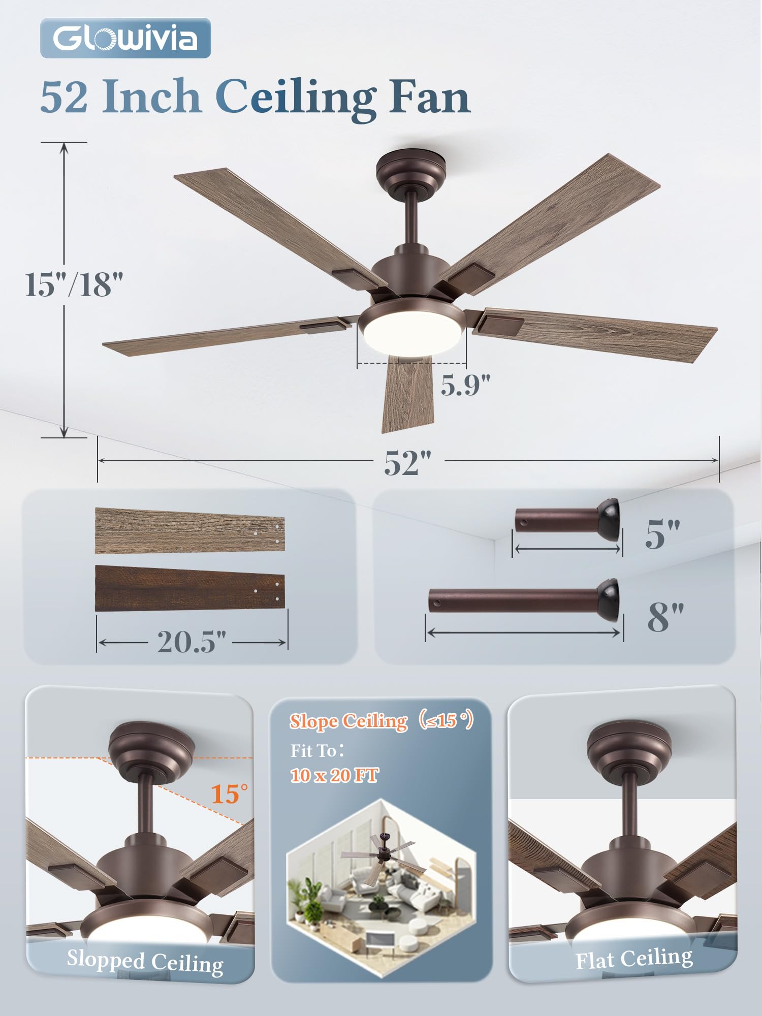 Glowivia included 5in and 8in downrods fit various ceiling heights