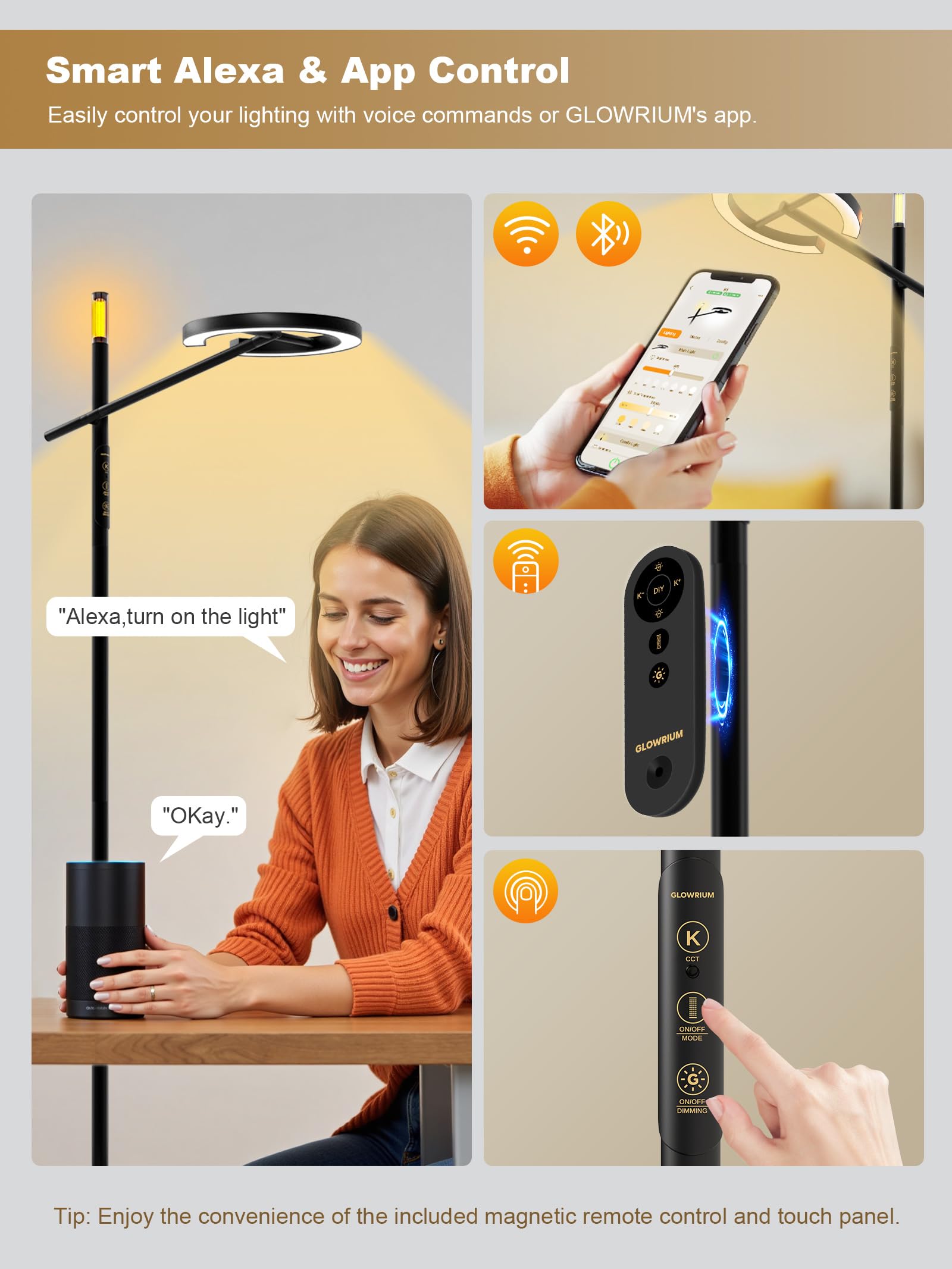 Glowrium remote control adds convenient, hands-free adjustments from across the room.