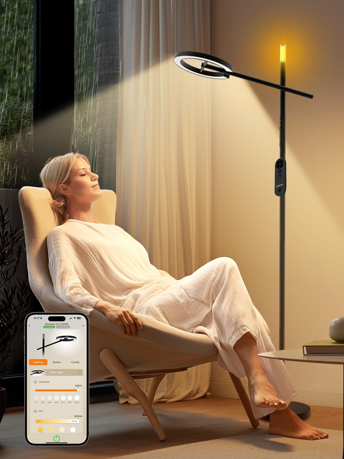 Glowrium smart light therapy lamp front view adds warm, energizing ambience for daily routines.