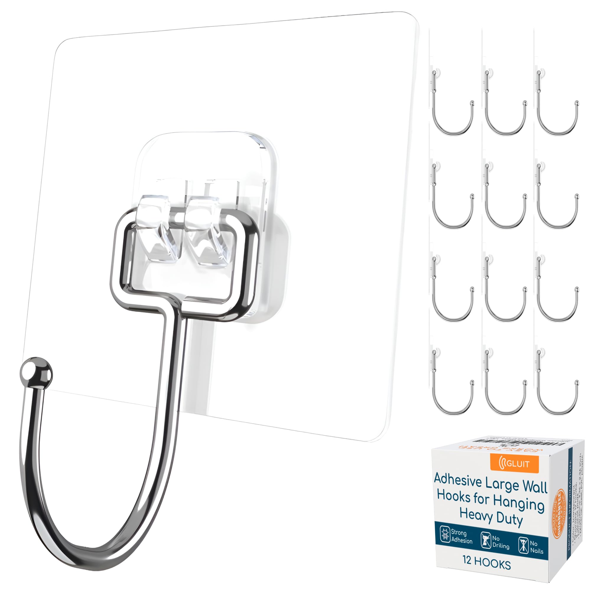 GLUIT adhesive large wall hook shows 22 lbs capacity for secure storage