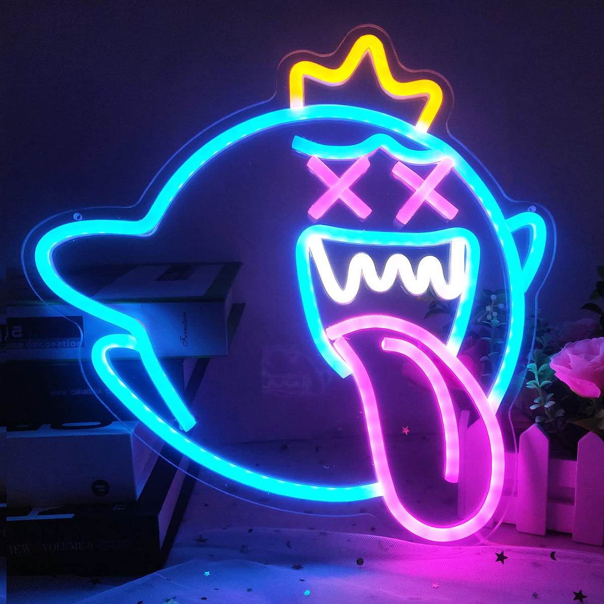 GMMLLG King Boo ghost neon sign front view glowing with rainbow colors for kids' game room