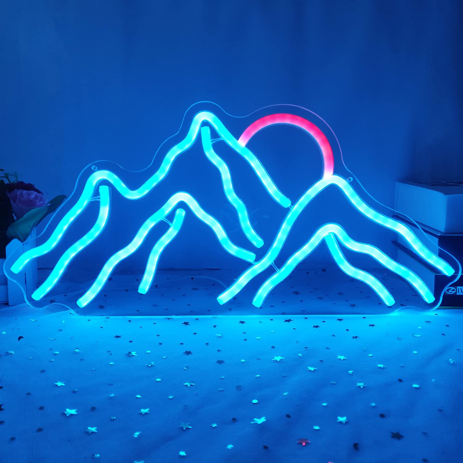 GMMLLG dimmable mountain neon sign on wall for stylish bedroom ambiance.