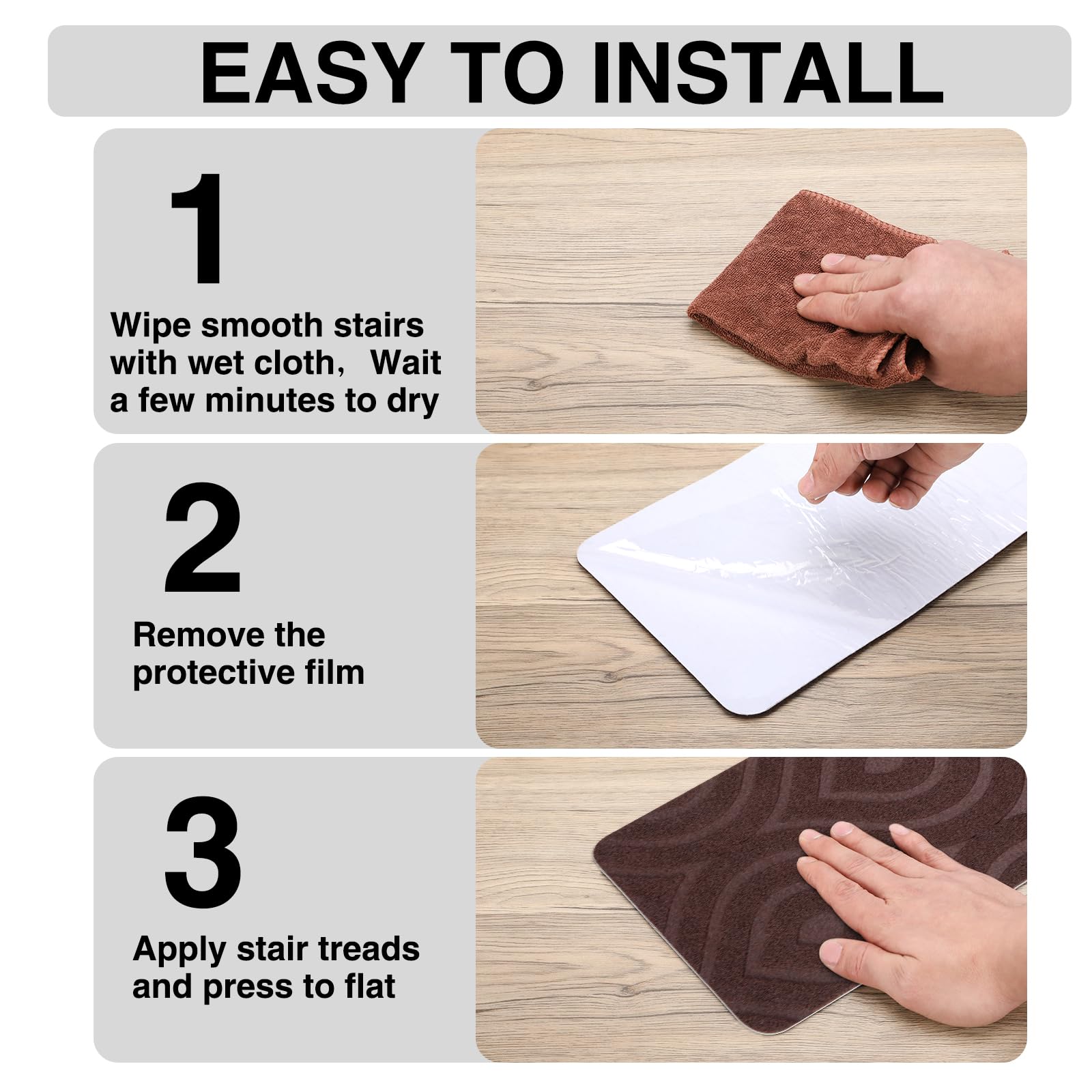 Gmonby installation demo with peel-and-stick backing on stairs.
