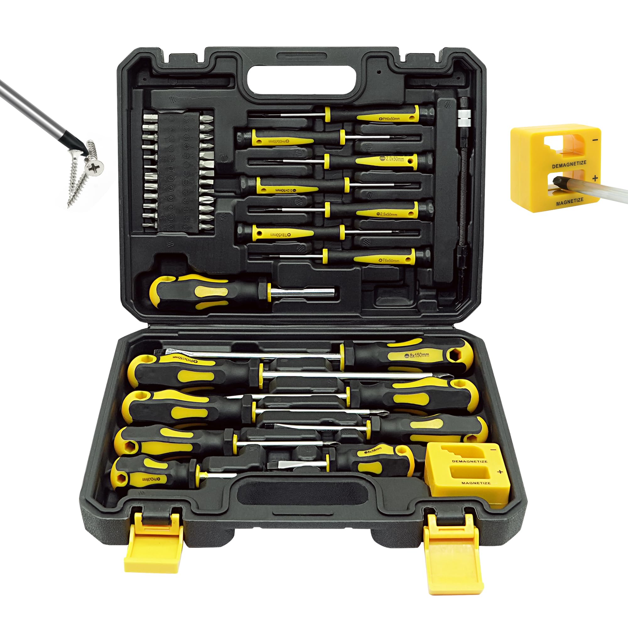 GMTOOLS 43-piece magnetic screwdriver set box close-up showing organized storage and fast access